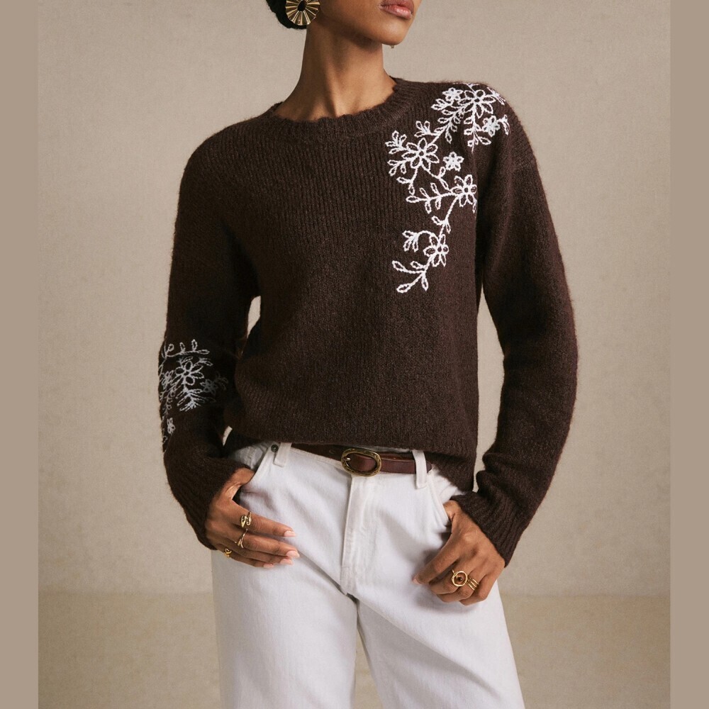 Brown Floral Embroidered Round Neck Loose Sweater